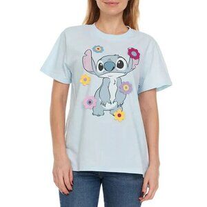 Disney Plus Light Blue Stitch Adult Tee With Crochet Flowers XXL